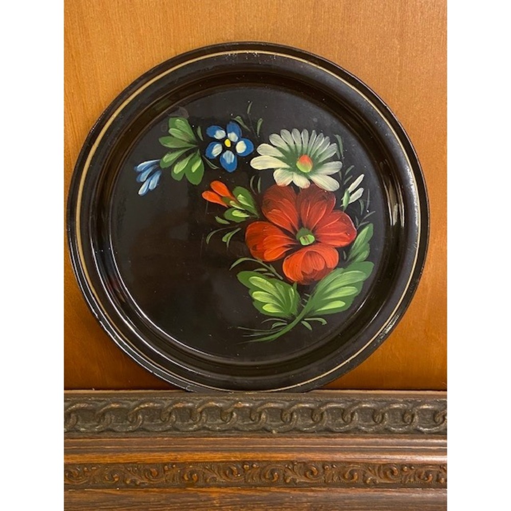 Vintage Zhostovo Floral Metal Tray Small Black 7.5" Good Hand Painted Folk Art